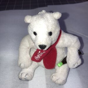 Vintage Collectible Coca Cola White Polar Bear w/ red scarf & Coke Bottle 4"
